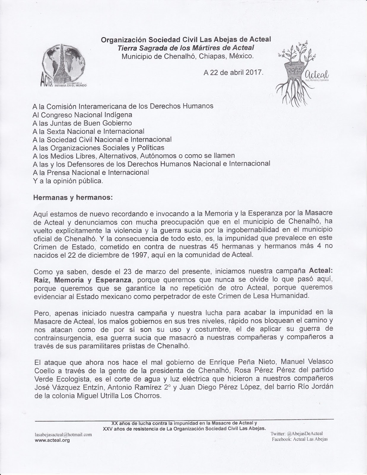 Comunicado. Soc Civil Las Abejas de Acteal»En el municipio de Chenalhó