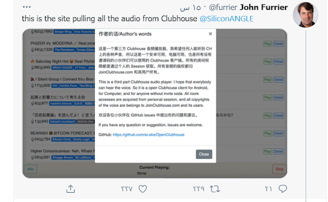 clubhouse app hacked -  John Furrier on twitter screenshot