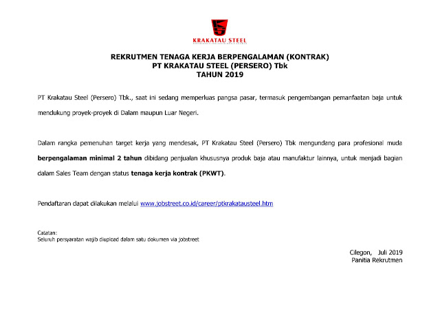 REKRUTMEN TENAGA KERJA KONTRAK PT KRAKATAU STEEL (PERSERO REKRUTMEN TENAGA KERJA KONTRAK PT KRAKATAU STEEL (PERSERO
