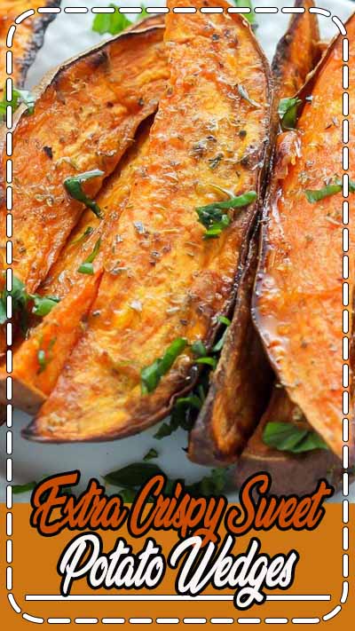 Thick and crispy oven baked sweet potato wedges! A delicious snack or side.