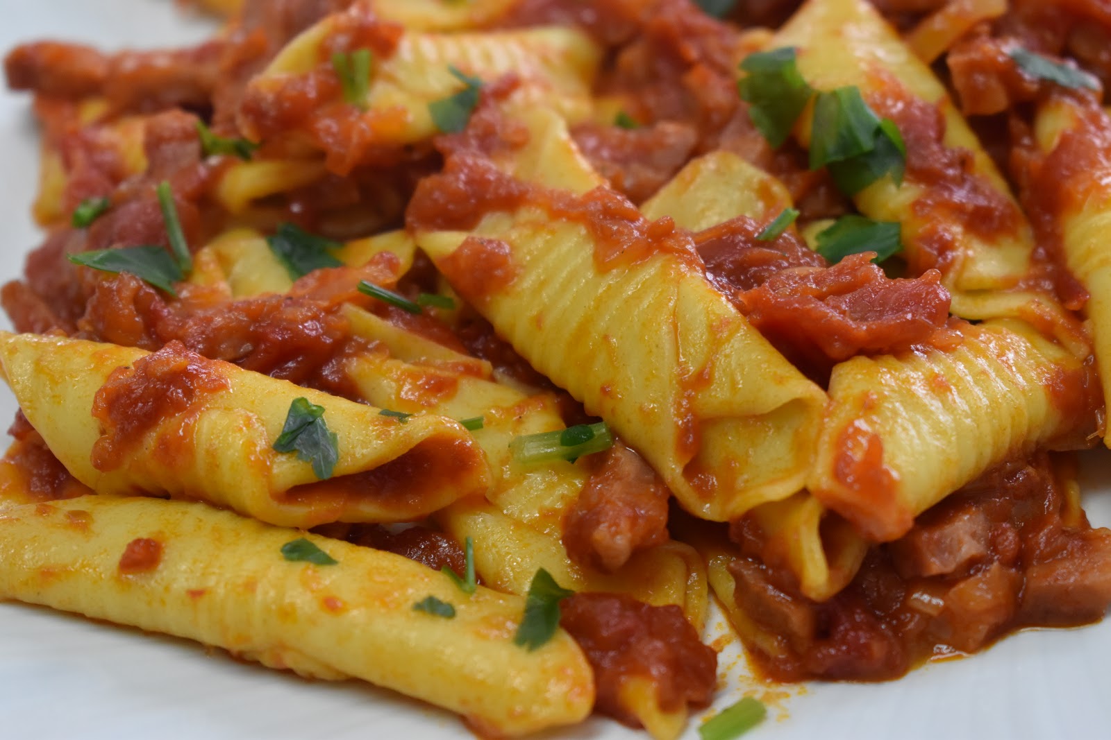 Mi Diversión en la cocina Garganelli con salsa Amatriciana (Pasta