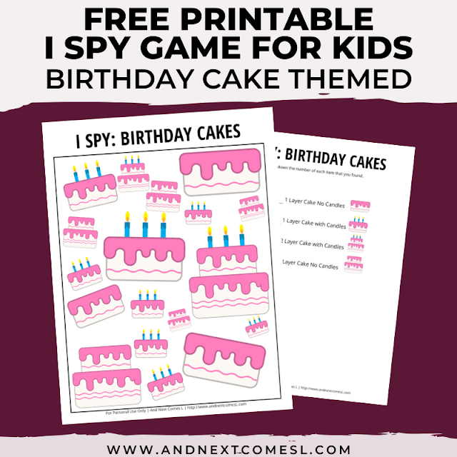 Free I spy game printable for kids: birthday themed