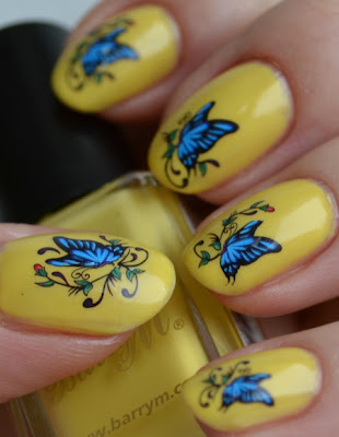 yellow manicure, water decals,