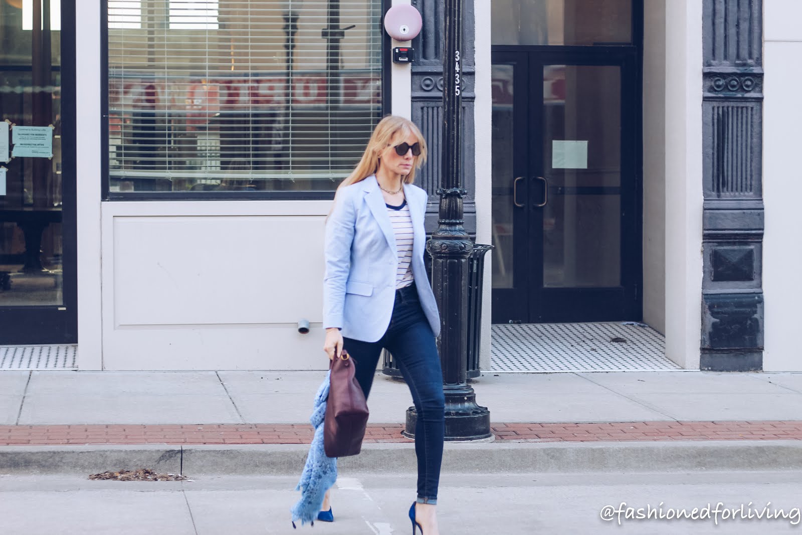 Fashioned Living: ringer tee date outfit blazer, high waisted skinnies, and blue pumps.