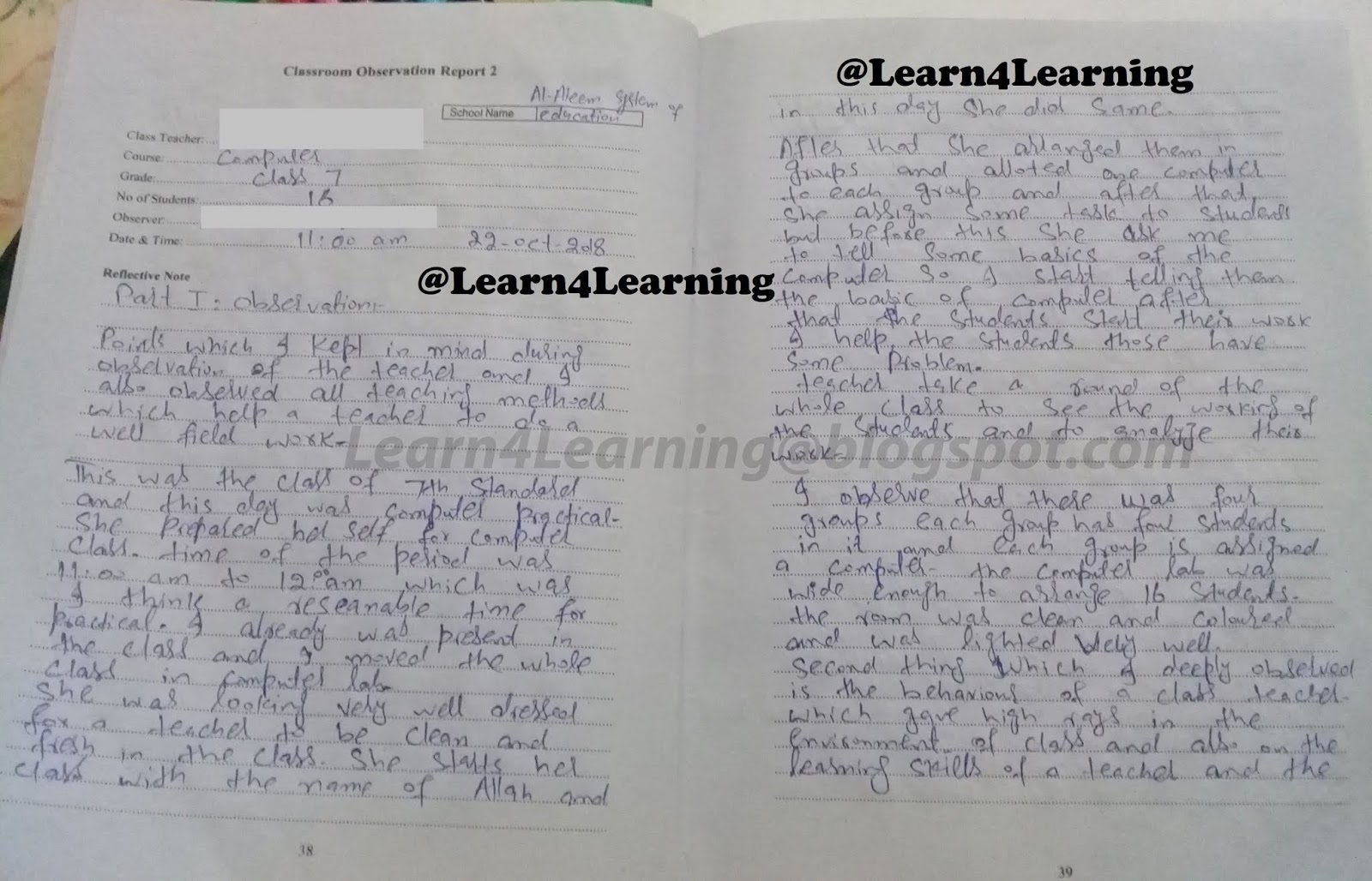 B.ed teaching practice I AIOU course code 8607 Field notes