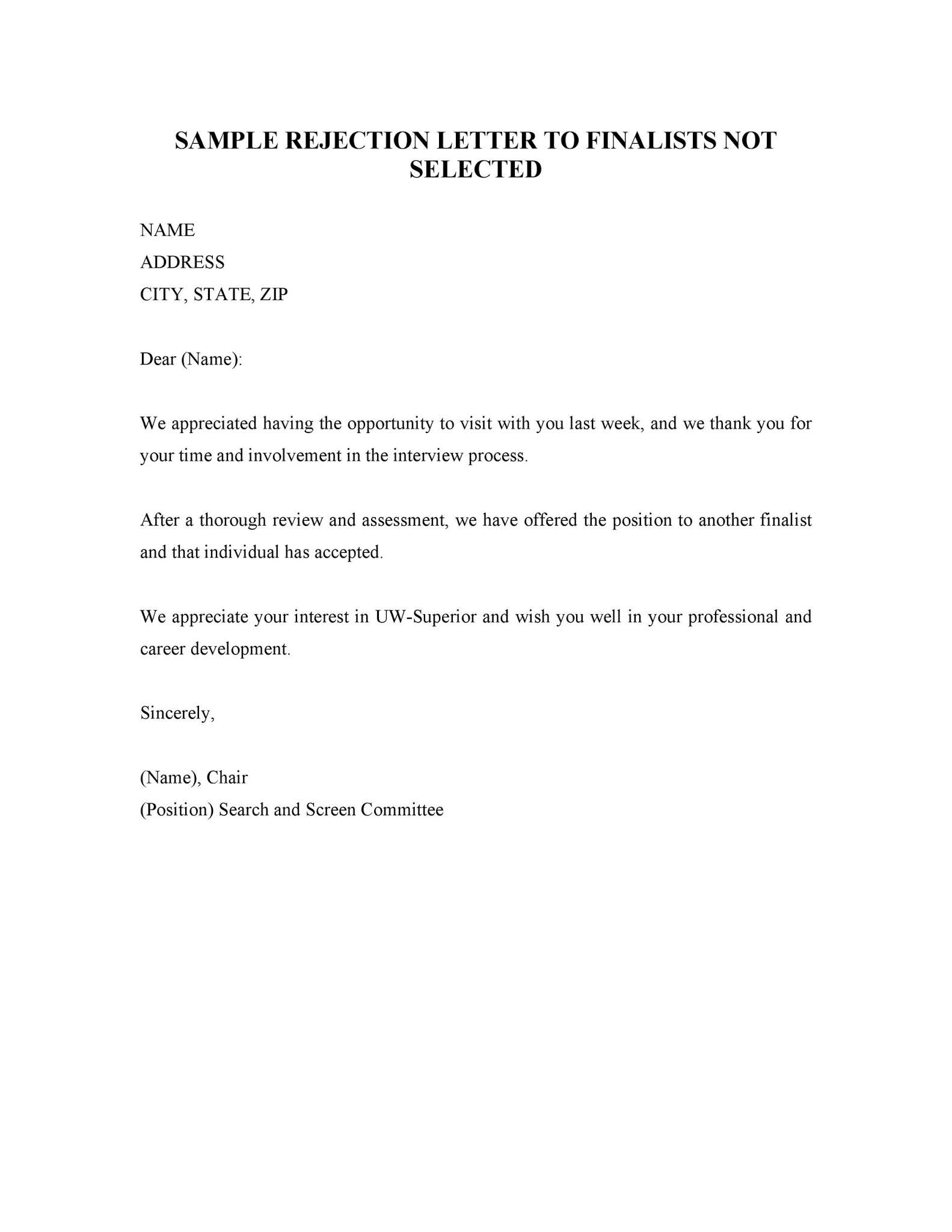 Employment Rejection Letter ~ Thankyou Letter