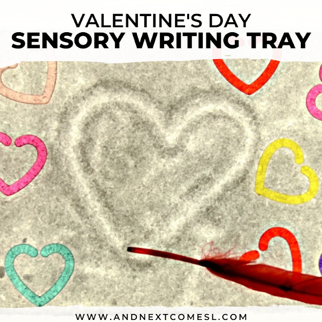 Valentine's salt writing tray and light table activity for kids