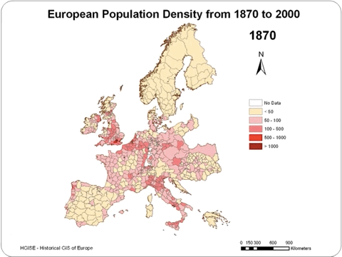 European population density from 1870 to 2000