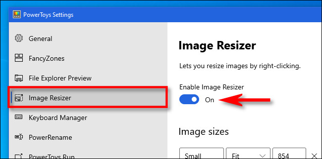 افتح PowerToys وانقر على "Image Resizer" ، ثم تأكد من ضبط المفتاح على "تشغيل".