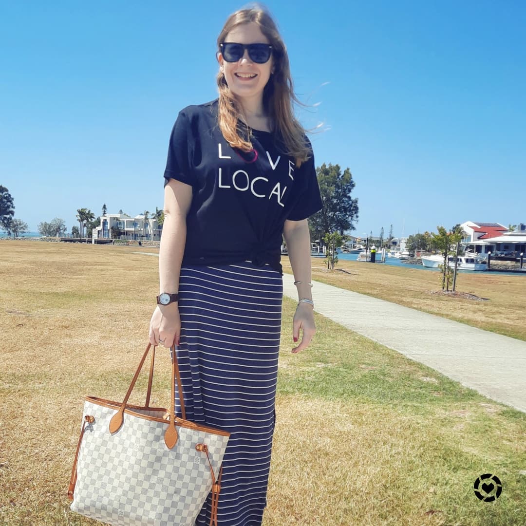 Away From Blue  Aussie Mum Style, Away From The Blue Jeans Rut: Weekday  Wear Link Up: Pink Tees and Blue Printed Maxi Skirts with Louis Vuitton  Neverfull