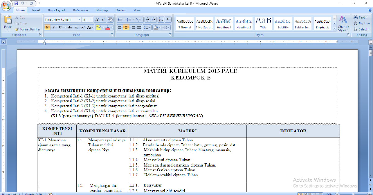 Materi dan Indikator Paud Kurikulum 2013 Kelompok B Pendidikan Anak