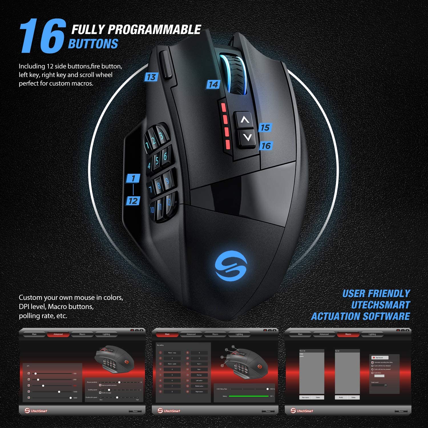 UtechSmart Venus Pro RGB Wireless MMO Gaming Mouse