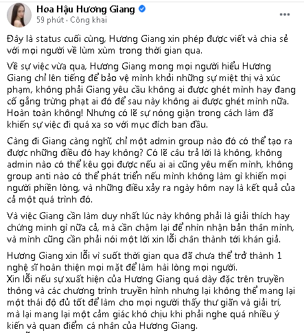 Phát biểu gần đây của Hương Giang về anti fan