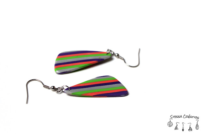 Boucles d'oreilles pâte polymère rayures violet vert corail argent Cernit Fimo Stenna Création