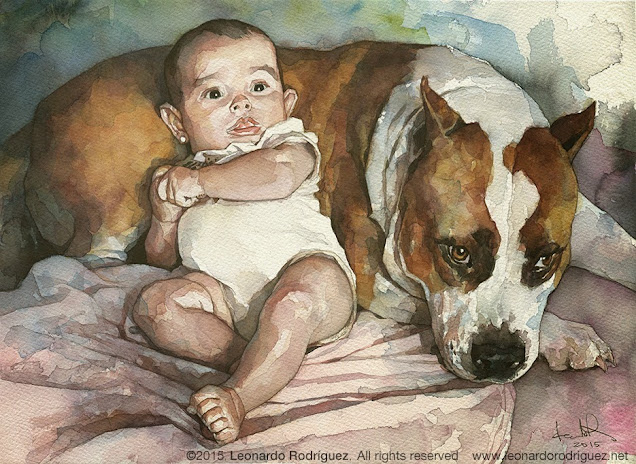 watercolor painting of a lovely baby with a big dog