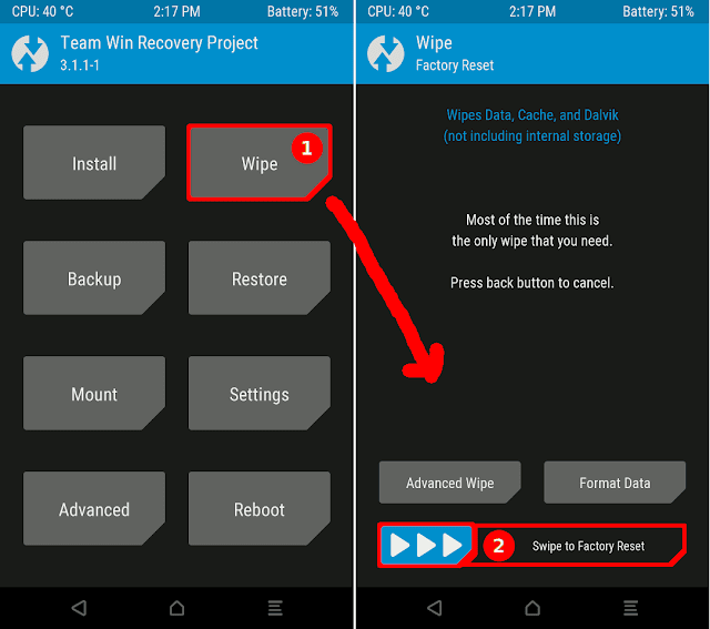 Langkah demi langkah untuk melakukan Factory reset pada TWRP Gambar langkah demi langkah untuk melakukan format pada Data, Cache dan Dalvik pada TWRP