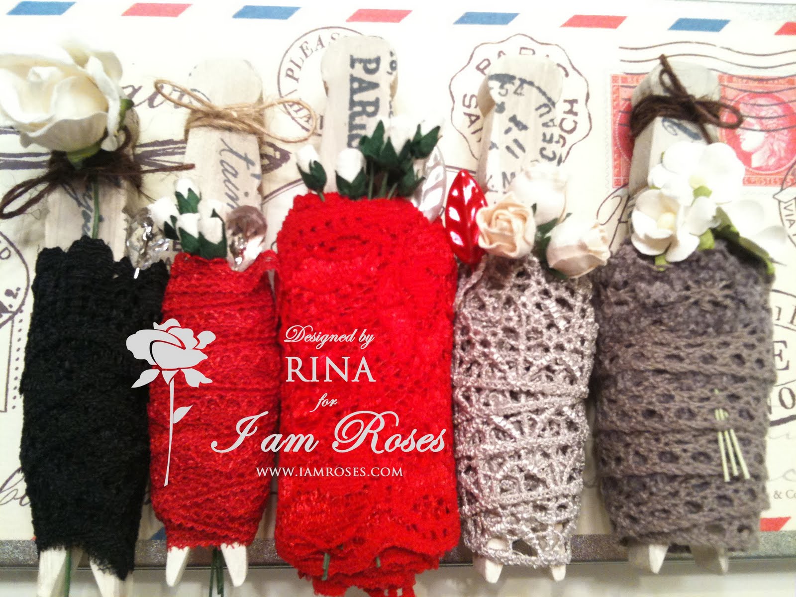 Decorated Wooden Clothespin Holders for Lace & Trim I Am Roses Project