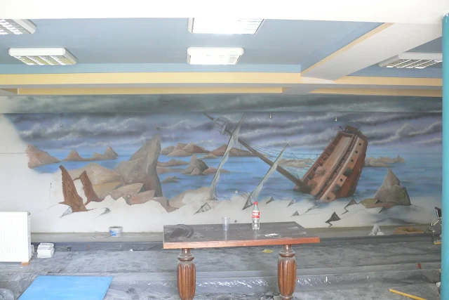 Artystyczne malowanie obrazu na ścianie 3D, piraci, ararnżacja wnętrza kręgielni, Warszawa