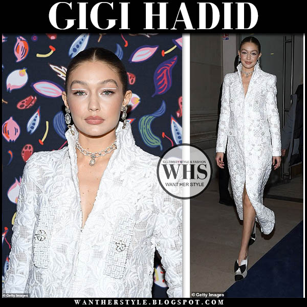 Gigi Hadid in white lace coat dress in Paris on February 26 ~ I want ...