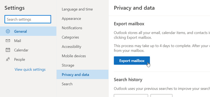 Скачать или экспортировать почтовый ящик с Outlook.com