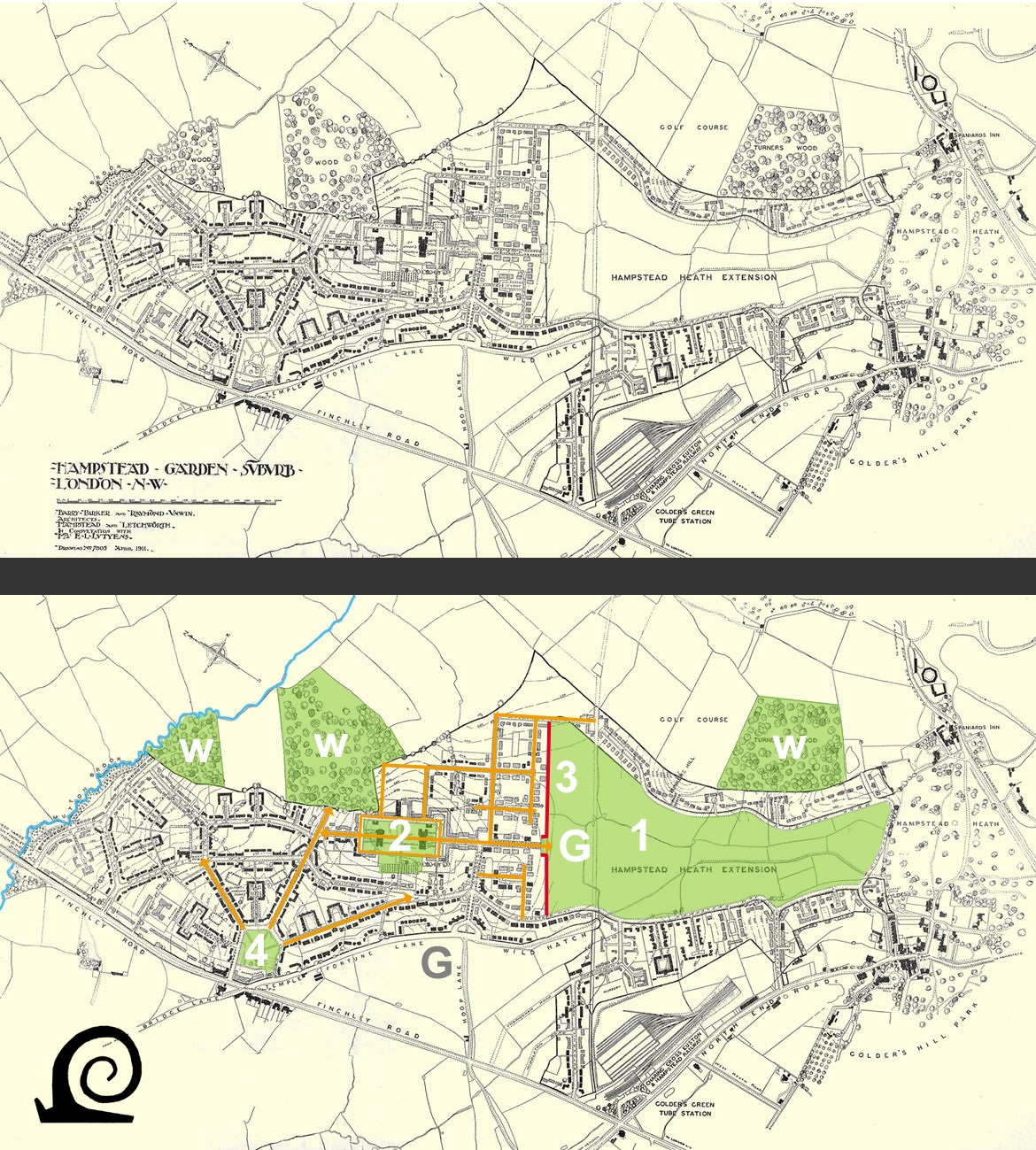 Snail in the City Hampstead Garden Suburb, integrating landscape and