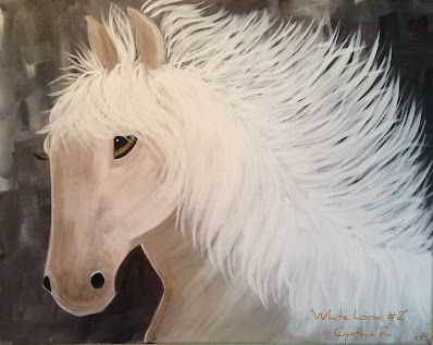 white horse, caballo blanco, pintura acrílica en canvas, caballo blanco en fondo gris, acrylic painting on canvas