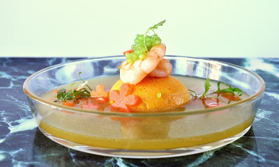 Möhrenflan, Garnelen, Absinthkaviar