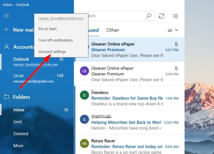 Windows 10 메일 앱에서 이메일 계정 순서를 변경하는 방법