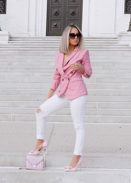 pink blazer, pink pumps and pink bag