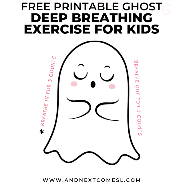 Halloween ghost themed breathing exercise for kids with free printable poster