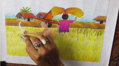 Menggambar pemandangan desa saat petani memanen padi di ladang Tutorial menggambar pemandangan desa saat petani memanen padi di ladang