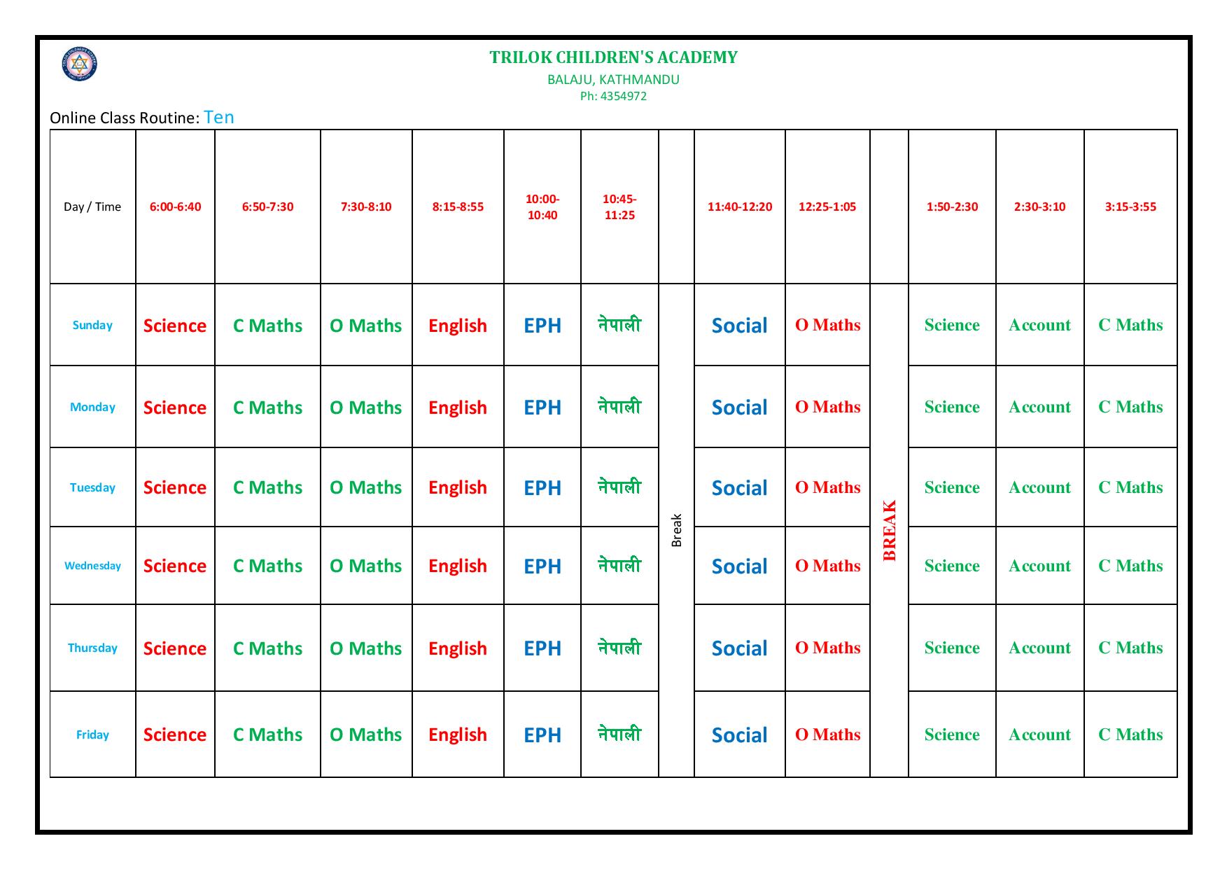 TRILOK SCHOOL: Online class Routine