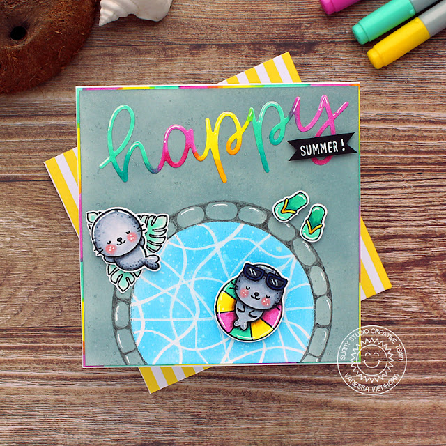 Sunny Studio Stamps: Sealiously Sweet Stitched Semi-Circle Dies Happy Word Die Summer Themed Card by Vanessa Menhorn
