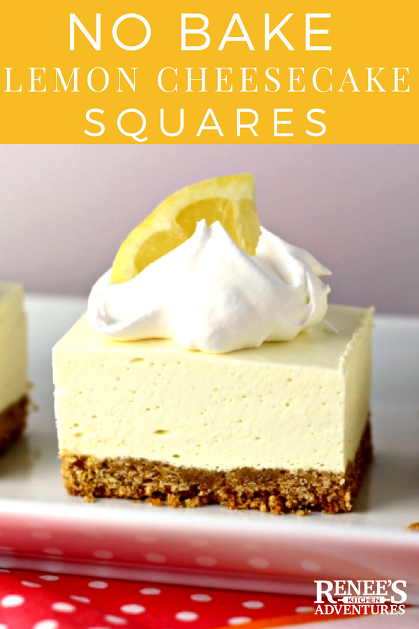 No Bake Lemon Cheesecake Squares | by Renee's Kitchen Adventures - NO BAKE easy dessert recipe that you NEED to make now!  Lemon jello and cream cheese set up into a light and fluffy lemon dessert you don't even need to turn  your oven on to make! #lemon #dessert #lemondessert #nobakedessert