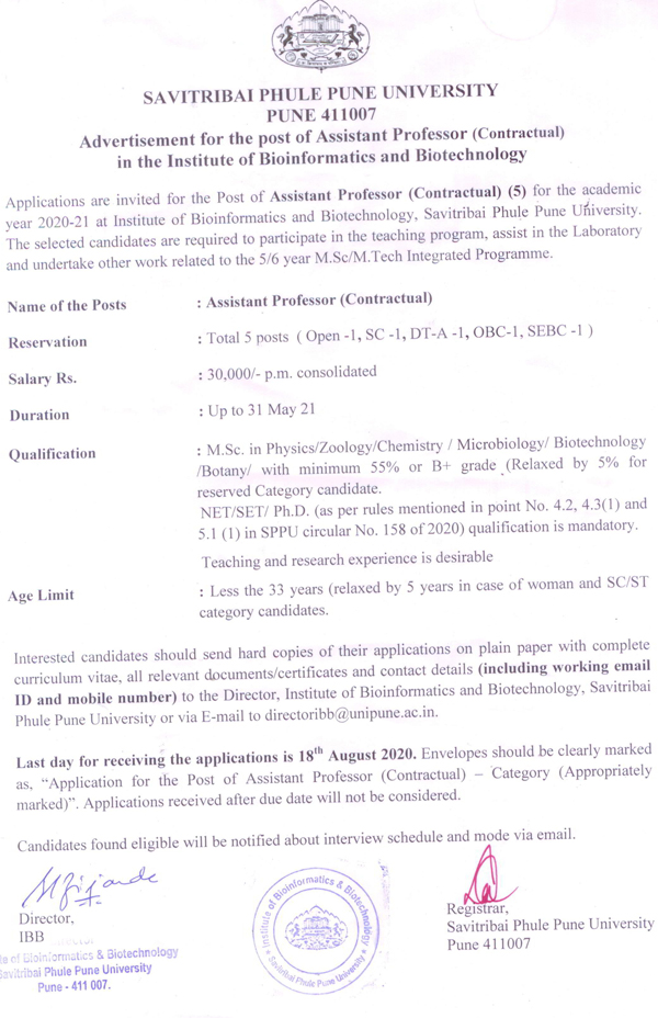 Pune University Zoology/Microbiology/Biotech/Botany Assistant Professor
