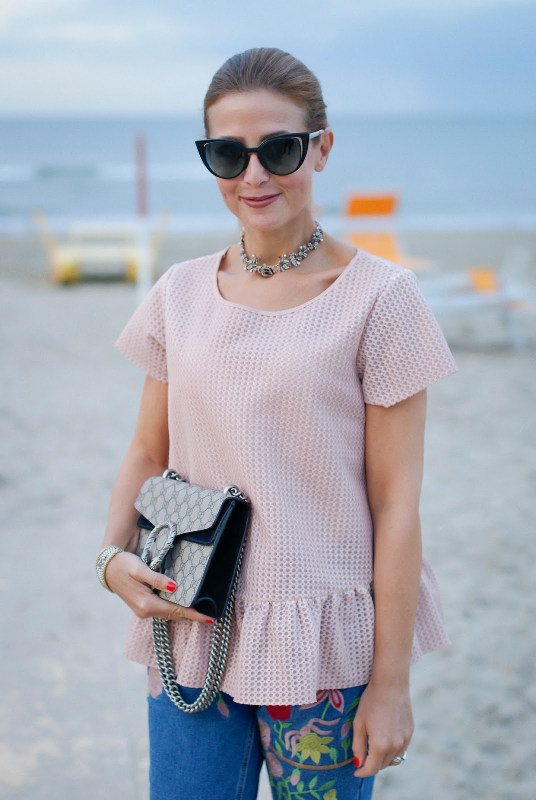 powder pink top and Gucci mini Dionysus bag on Fashion and Cookies fashion blog, fashion blogger style