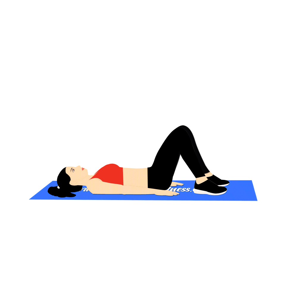 Mujer acostada sobre alfombra de yoga realizando ejercicio el puente de glúteos