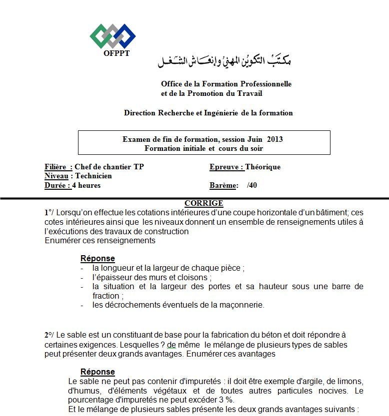 Examen de fin de formation de technicien de chaf de chantier - session Juin 2013 ( Office de la Formation Professionnelle et de la Promotion du Travail - OFPPT Maroc)