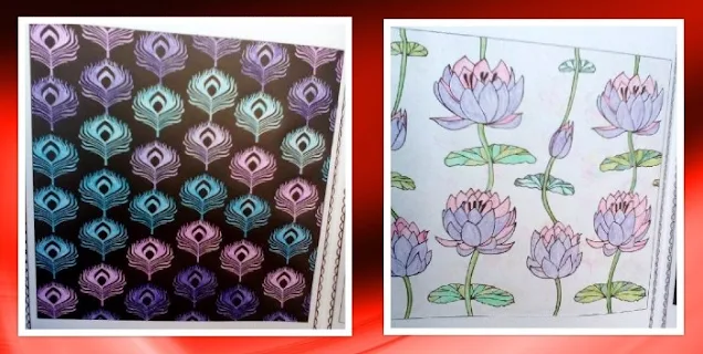 cozi de paun stilizate si flori de lotus - planse colorate