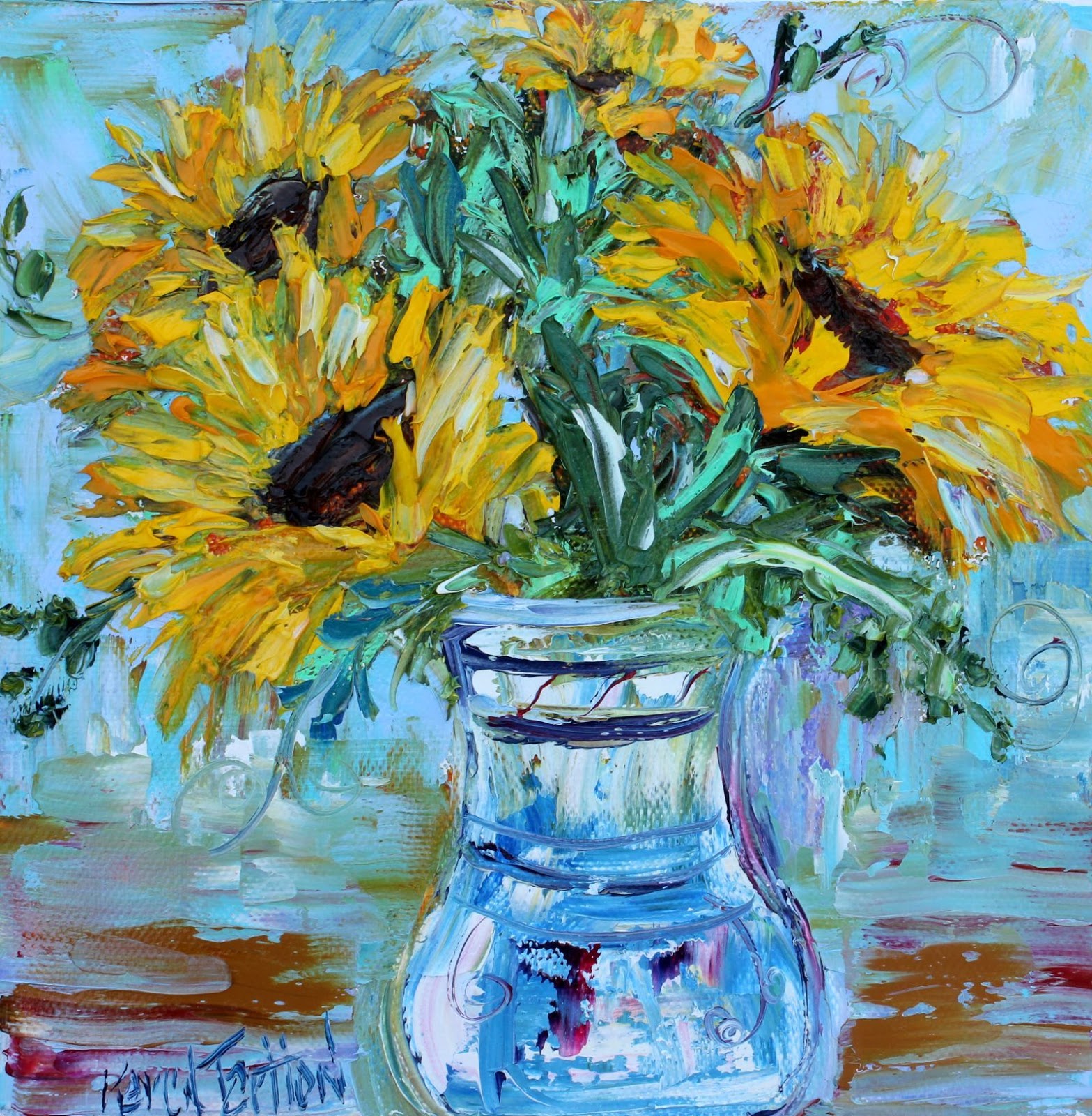 Karen Tarlton Sunflowers in vase by Karen Tarlton Palette knife fine