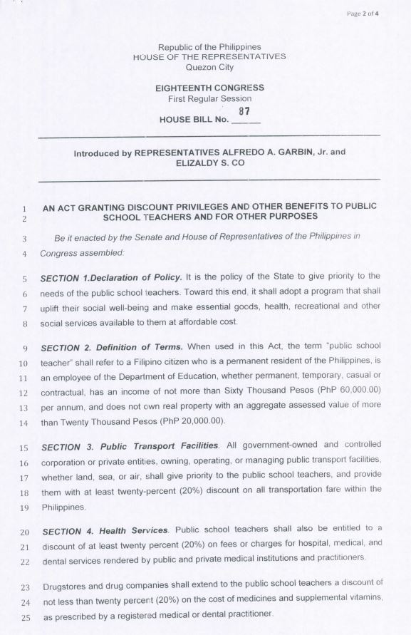 House bill that seeks to grant discount privileges and other benefits