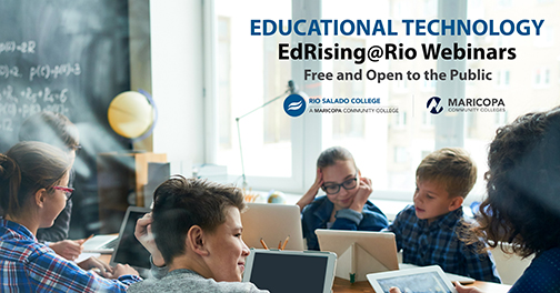 Poster for webinars.  Image of educators in a classroom working with young k-12 students using computer devices in a conventional classroom