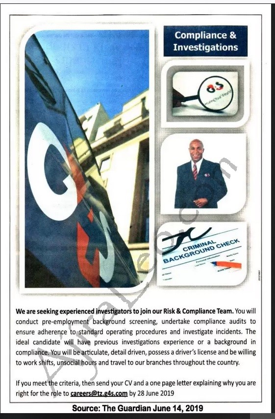 2 New Job Vacancies Dar es salaam at G4S Tanzania Deadline 28th June