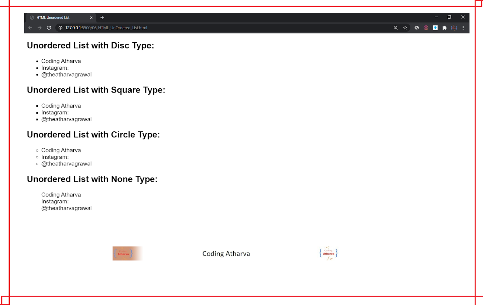 6 Program to demonstrate Unordered List in HTML ~ Coding Atharva