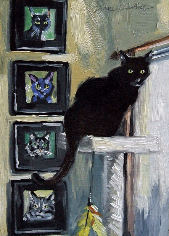 Paintings From the Parlor: Interior with Black Cat and Cat Portraits ...