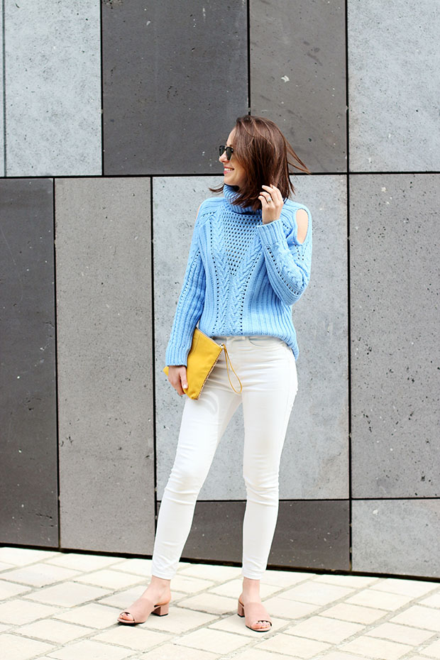 how to style cut out shoulder sweater