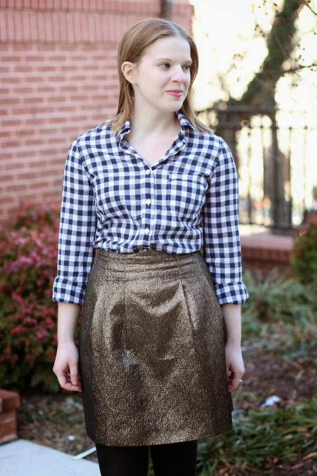 Style to Inspire Weekly Link Up | Something Good, le tote, black tights, black booties, gold skirt, gingham button down