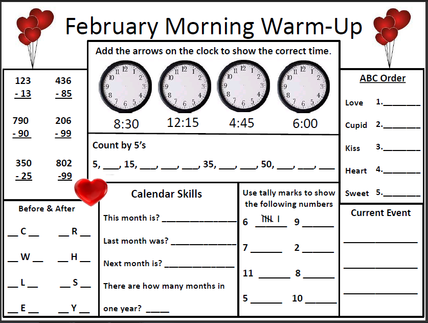 Morning Warm Up Worksheet