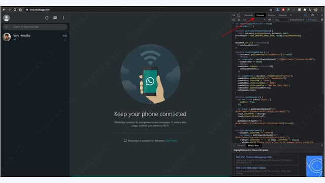 masukan script bom chat wa ke menu console browser