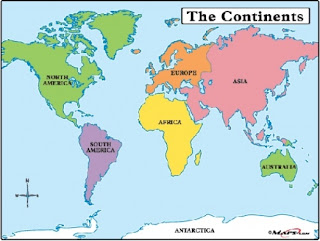  World map is labelled with seven continents